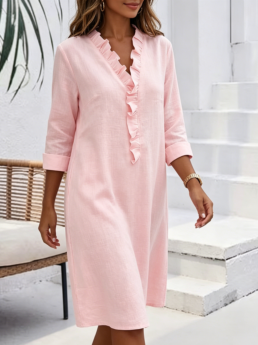 Cozy Ruffled-collar Cotton-linen Midi Dress
