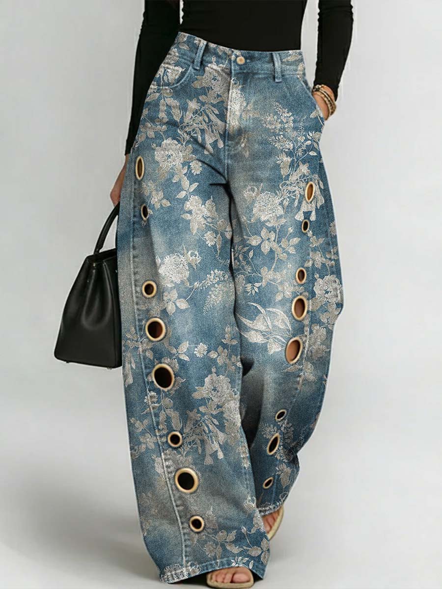 Women's Retro Floral Art Print Casual Stylish Hollow Denim Pants
