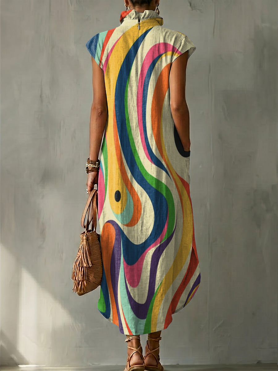 Colorful Wavy Decorative Pattern Women's No Sleeve Bud Collar Linen Cotton Dress
