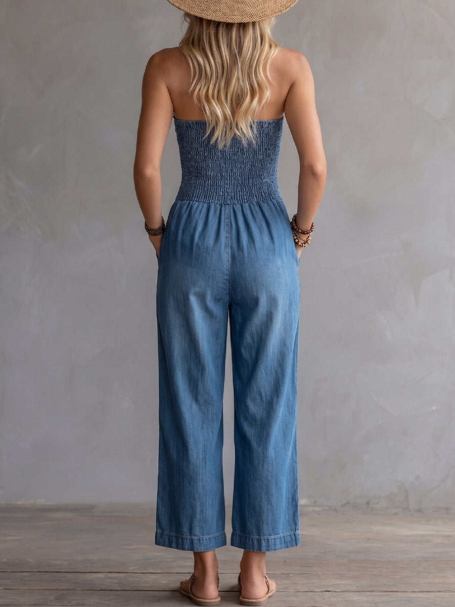 Women's Strapless Sleeveless Loose-fit Denim Jumpsuit With Wide Legs