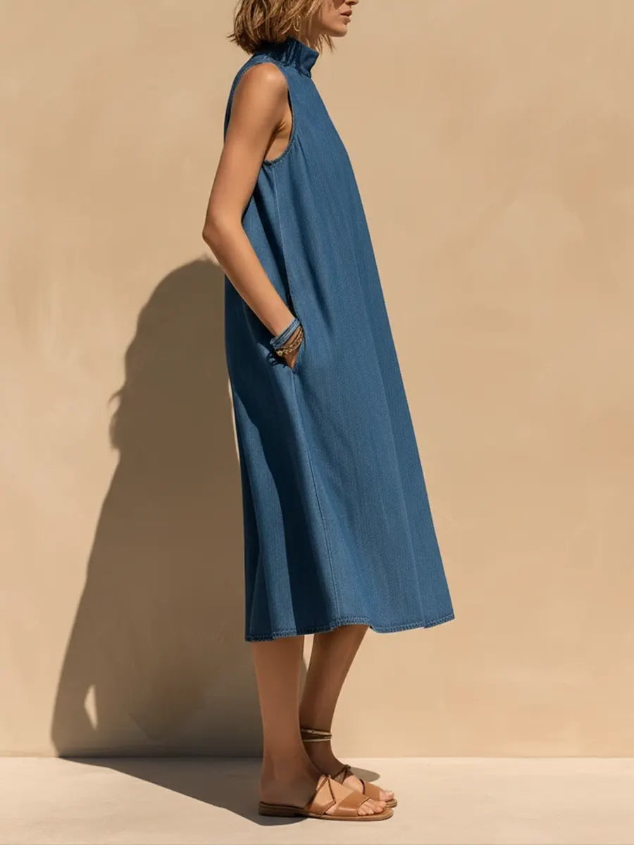 Women's Sleeveless Denim A-line Dress With High Neck