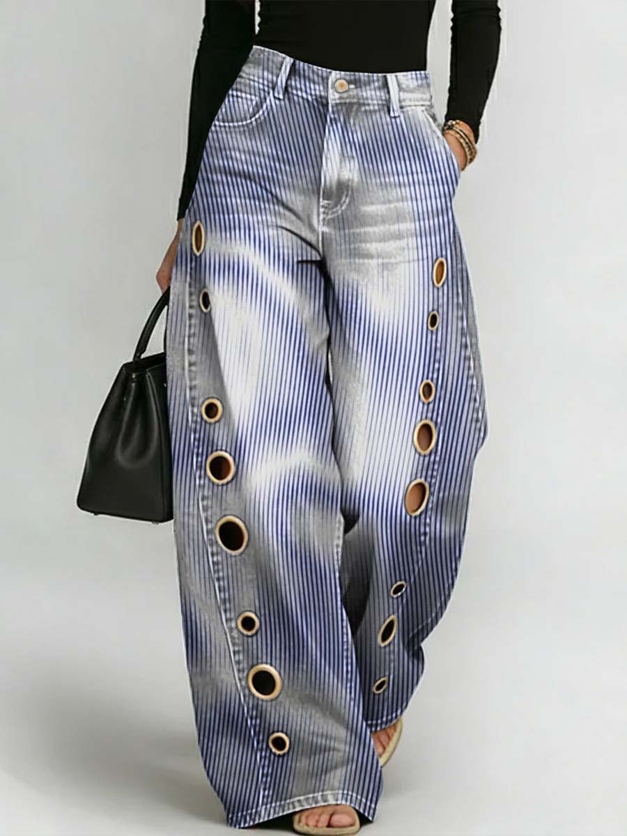 Women's Abstract Line Art Print Casual Stylish Hollow Denim Pants