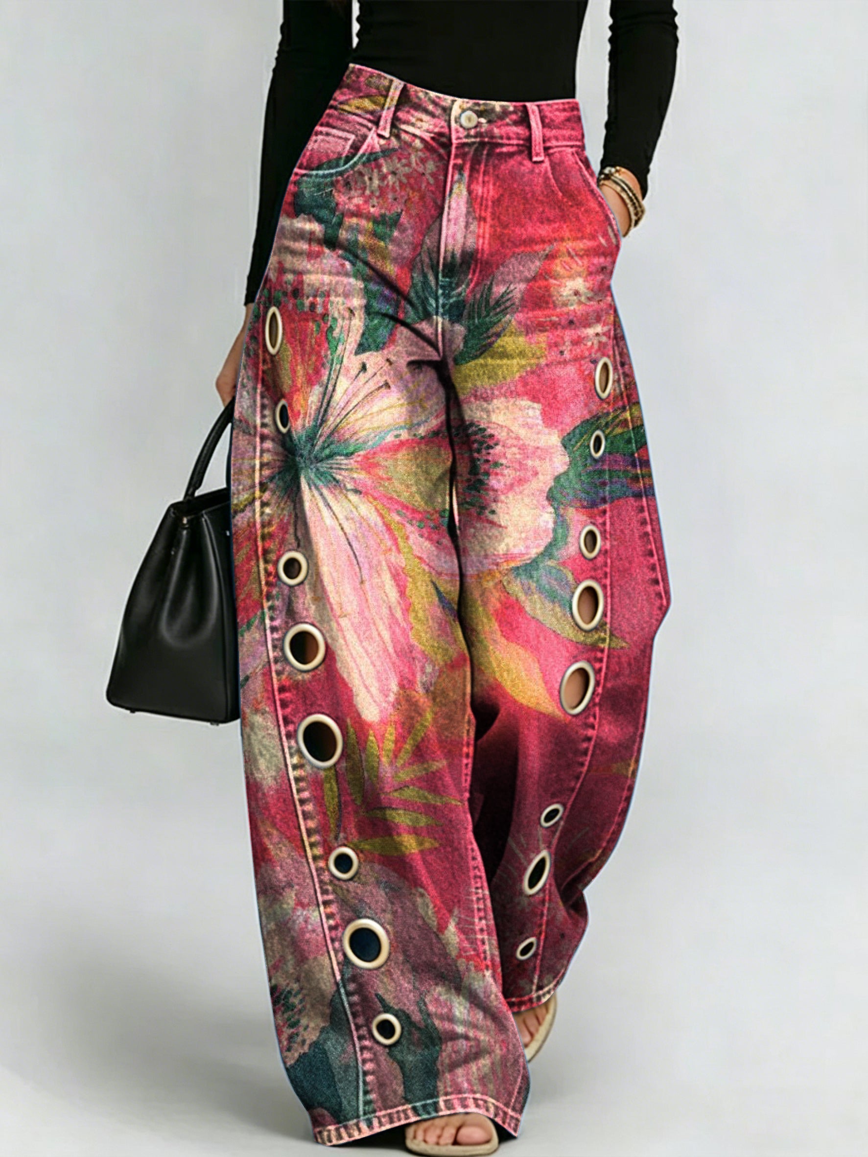 Retro Distressed Ombré Floral Print Wide-leg Pants | High-waisted, Slimming Straight-leg Jeans With Side Slits