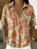 Women's Vintage Botanical Floral Casual Polo Collar Short-sleeved Linen And Cotton Shirt