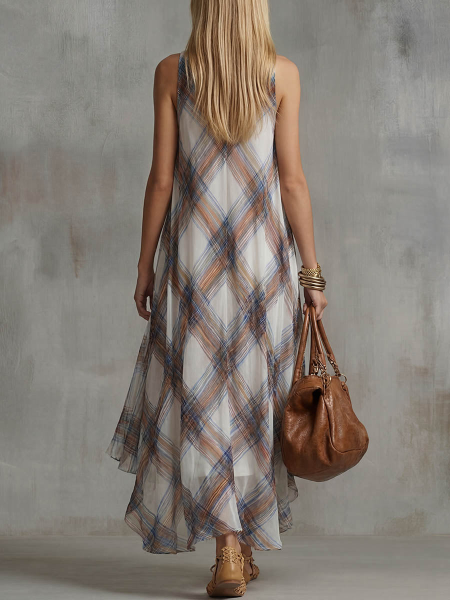 Women's Casual Loose-fit Sleeveless Cowl-neck Plaid Print Dress