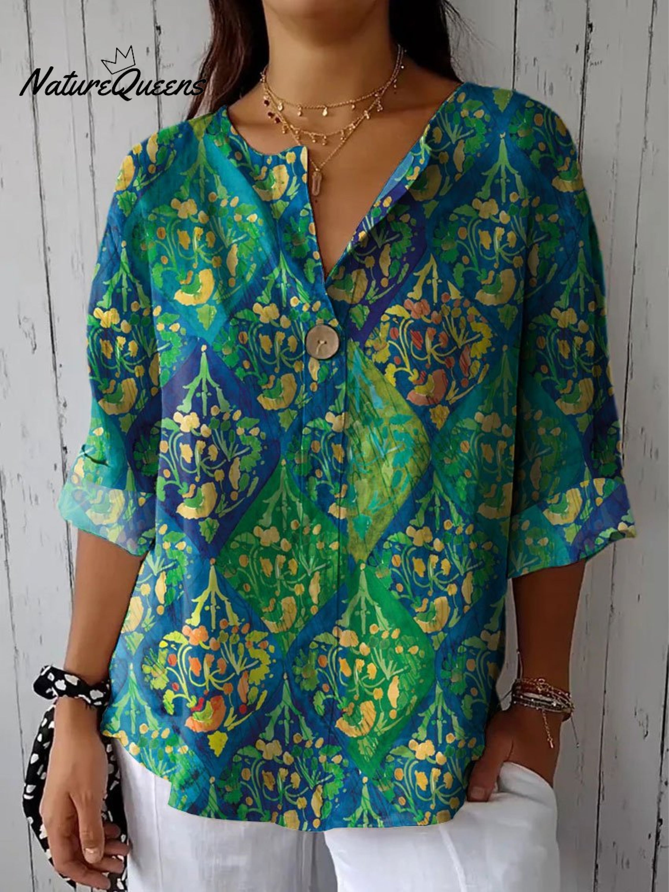 Women's Flower Print Casual Cotton Linen Shirt
