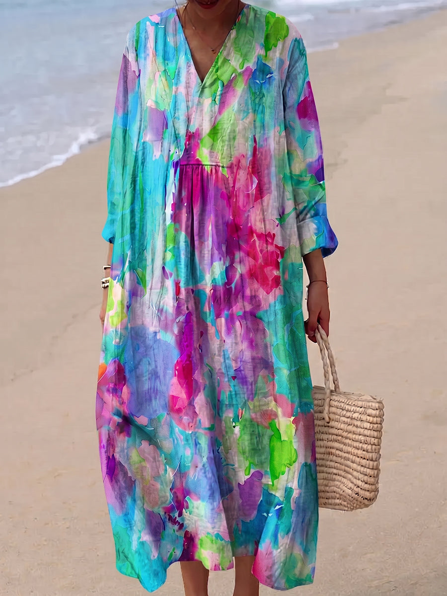 Artistic Floral Color-block Cotton-linen Vacation Dress