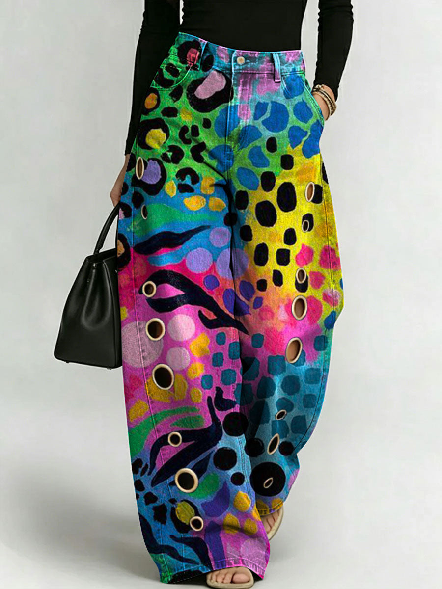 Women's Retro Geometric Color-blocking Patterns Printed Stylish Cutout Casual Denim Jeans