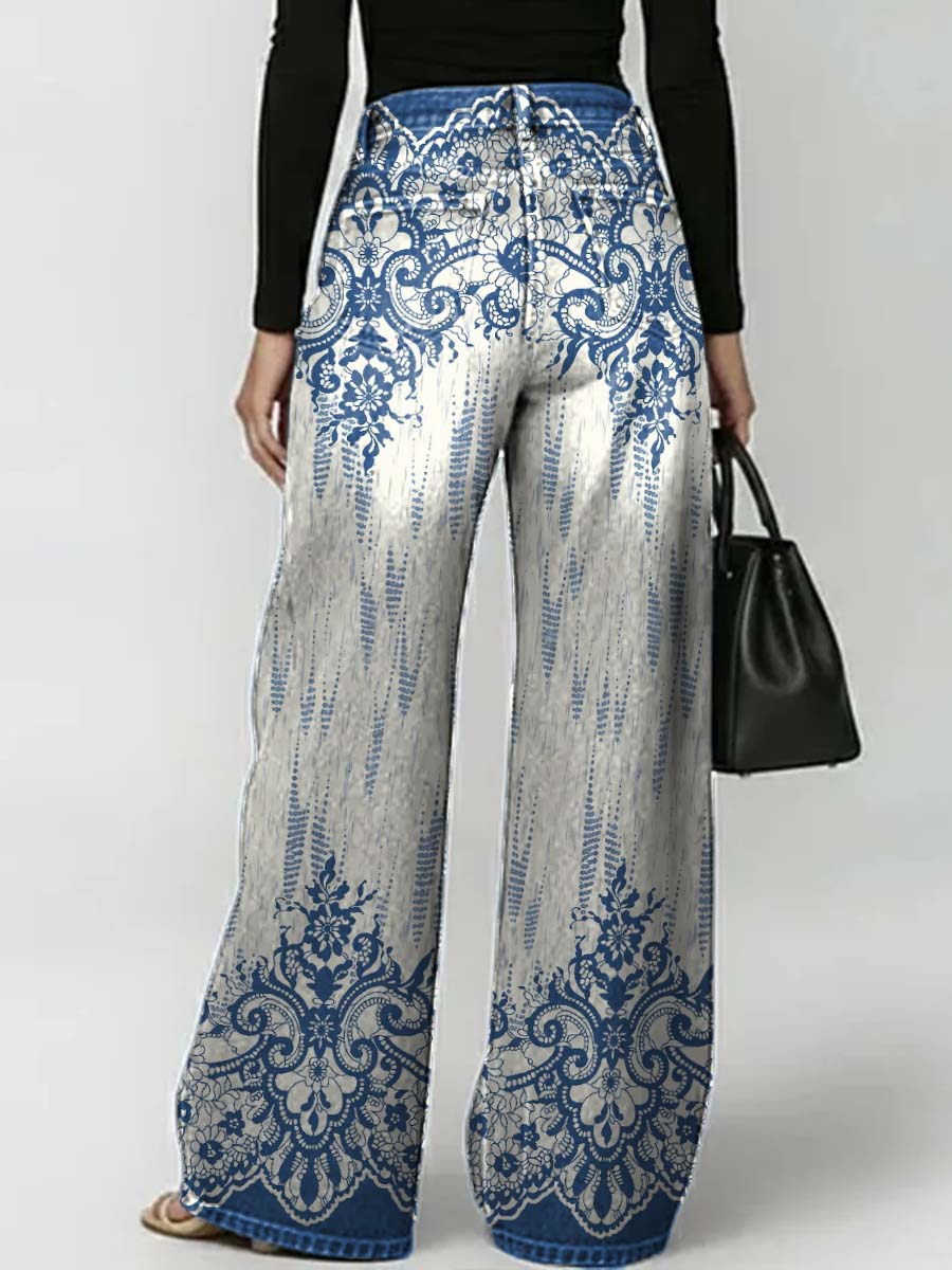 Women's Retro Floral Art Print Casual Stylish Hollow Denim Pants