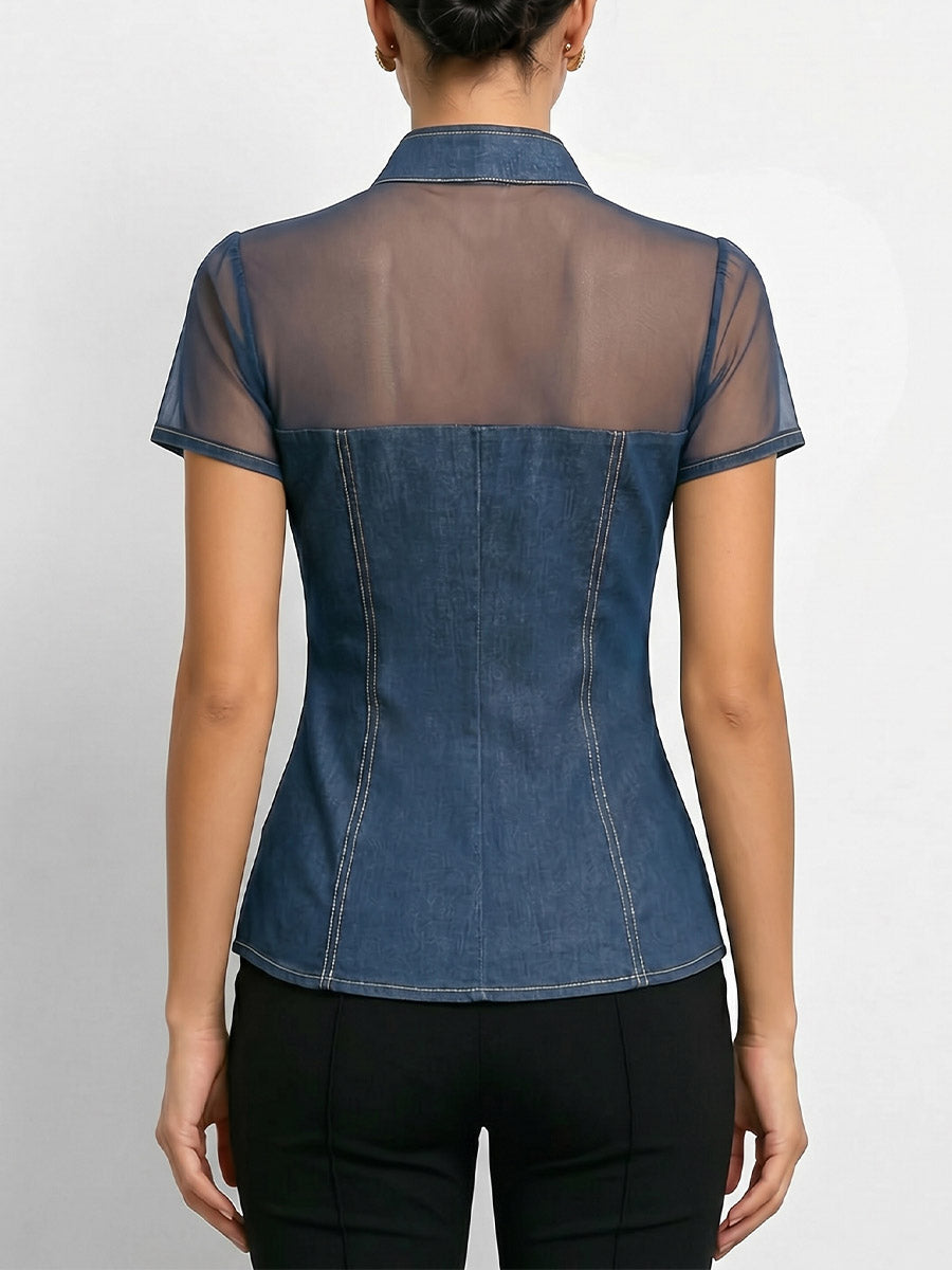 Women's V-neck Short-sleeve Casual Loose Denim-paneled Top