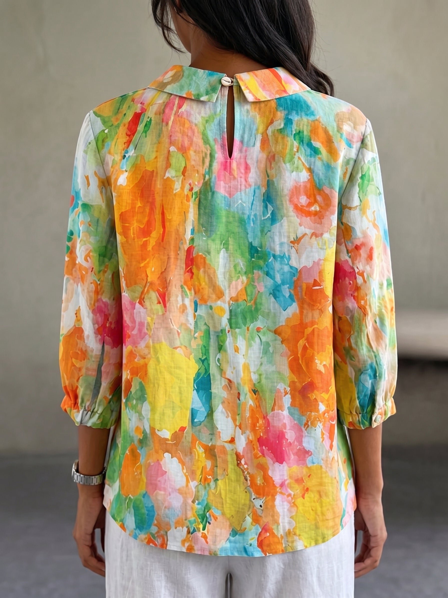 Artistic Watercolor Palette Print Peter Pan Collar Cotton-Linen Blouse