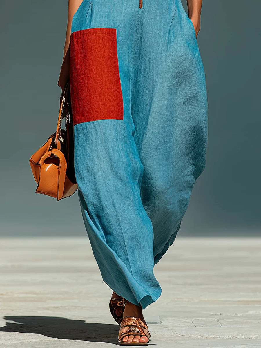 Lake Blue Textured Cotton-linen Stand Collar Front-zip Color-block Pocket Sleeveless Loose Wide-leg Jumpsuit