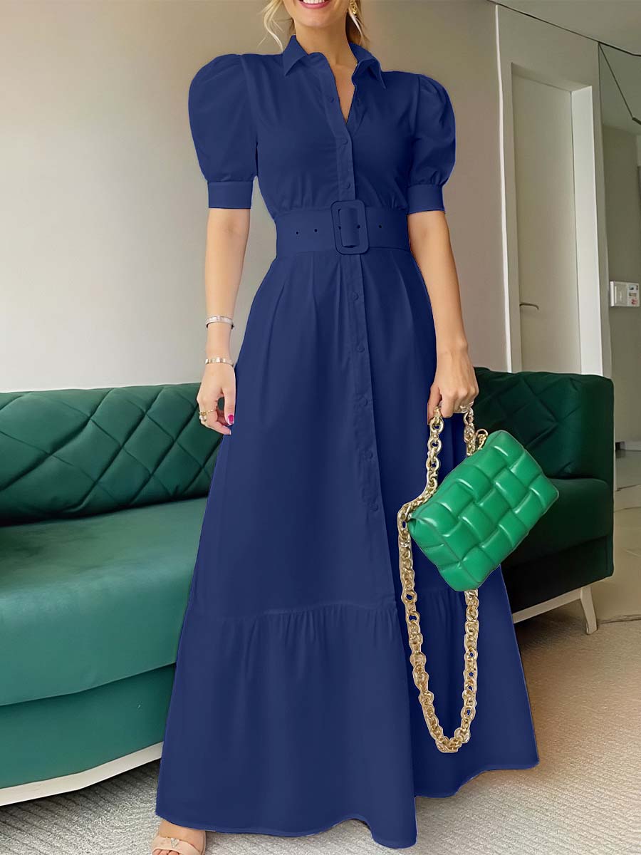 Women's Solid Color Art Casual Elegant Short Sleeve With Belt Long Dress