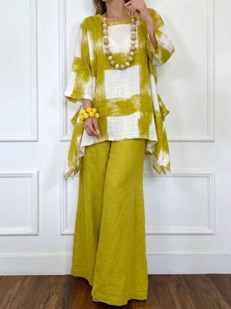 Loose-fit Casual Artistic Brushstroke Plaid Print Linen & Cotton Top And Pants Two-piece Set