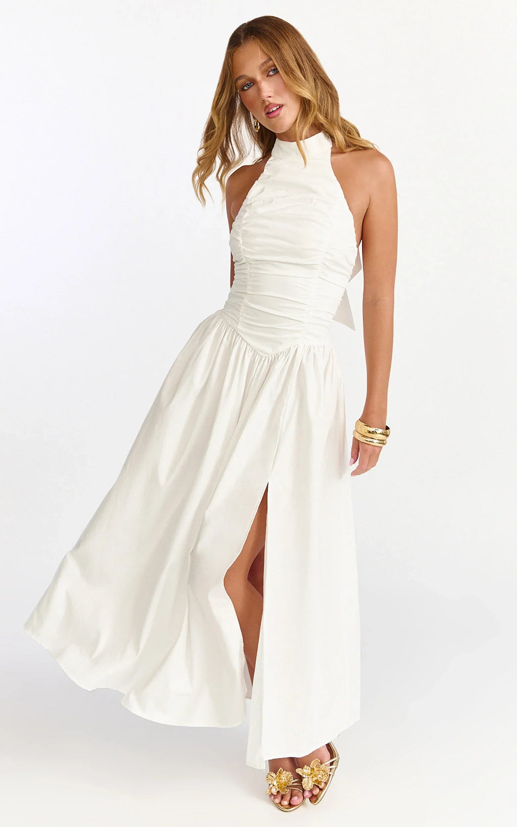 Anya Midi Dress - Halter Neck Ruched Drop Waist Dress in White