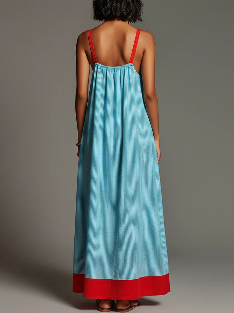 Vacation-style Color-block Striped Cotton-linen Maxi Dress