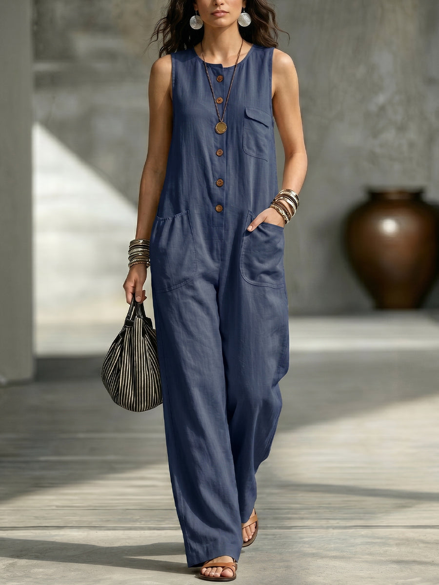 Women's Crew Neck Sleeveless Multi-pocket Jumpsuit
