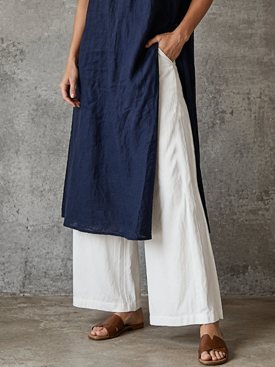 Women's Simple Navy Blue Linen-cotton Half-placket Long Shirt & White High-waisted Wide-leg Linen-cotton Trousers Set