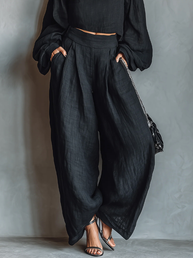 Cotton Casual Plain Wide Leg Pants