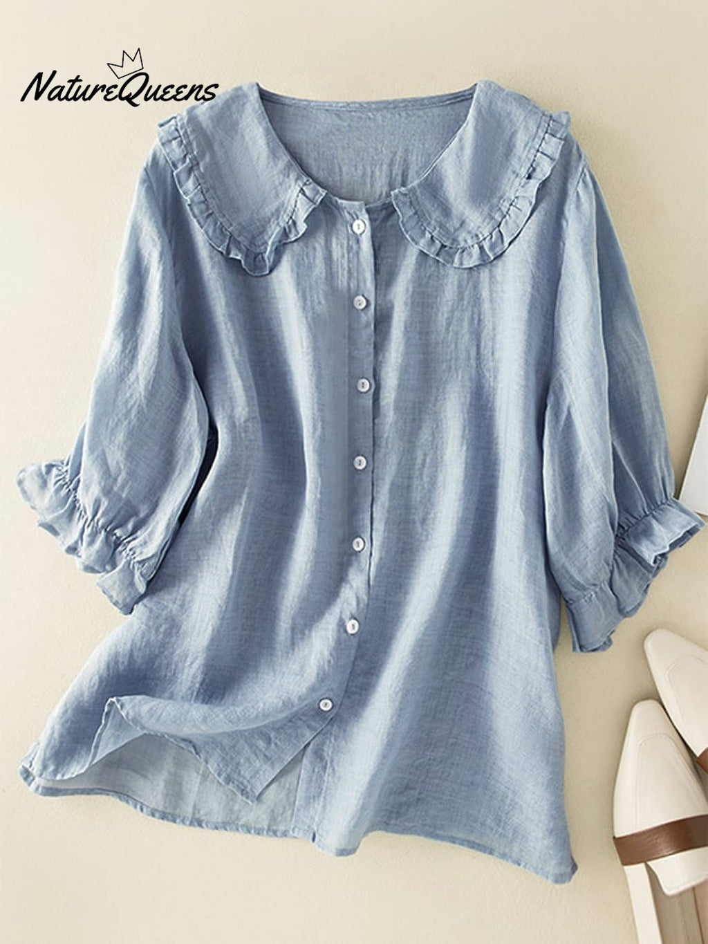 Cotton Linen Loose Peter Pan Ruffles Neck Shirt