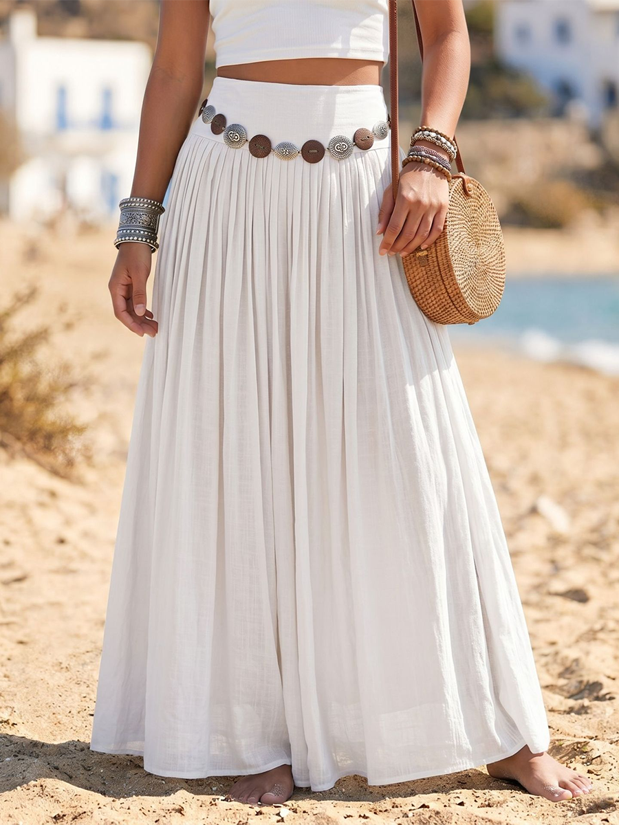 Boho Vacation-style Cotton-linen Maxi Skirt With Belt Detail
