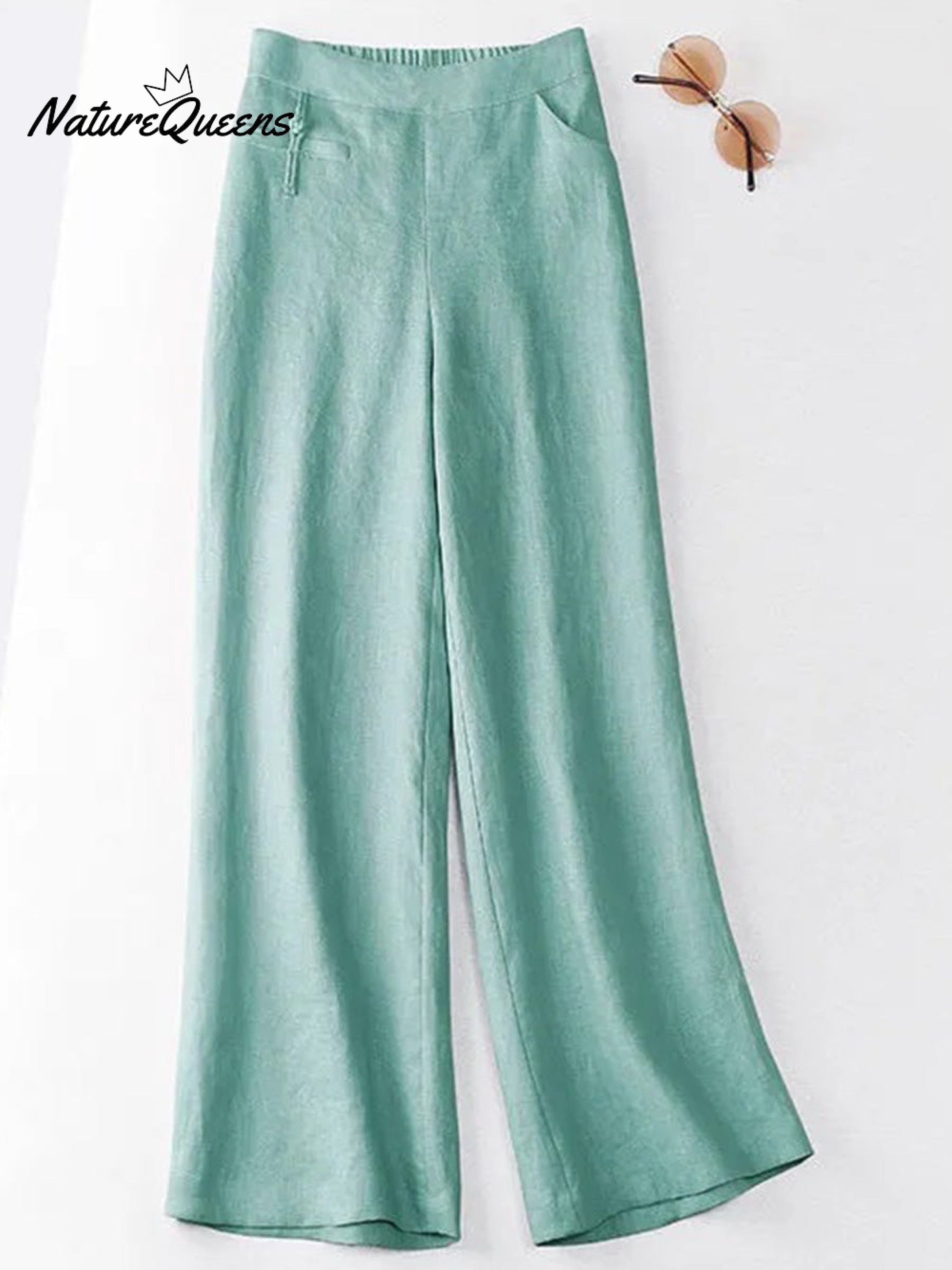 Women's Solid Color Button Half Elastic High Waist Casual Cotton and Linen Wide Leg Pants