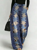 Women's Retro Geometric Patterns Printed Stylish Cutout Casual Denim Jeans