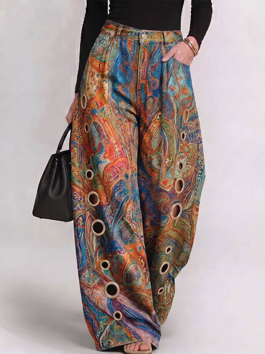 Women's Abstract Print High-waisted Wide-leg Jeans