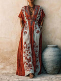 Women's Casual Loose Cotton-linen Dress With V-neck Short Sleeves And Placement Print
