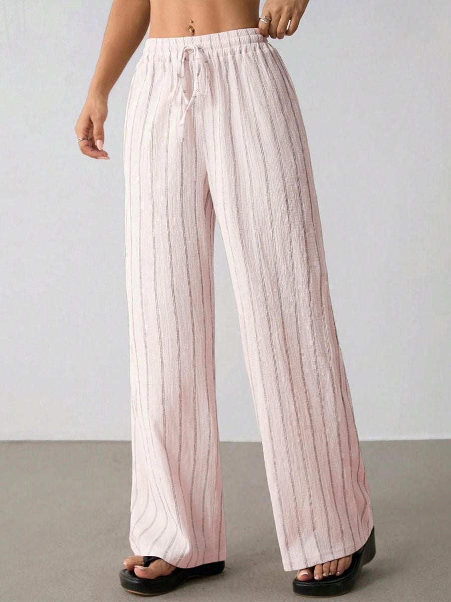 Women's Casual Striped Contrast Trim Drawstring Elastic Waist Wide-leg Pants