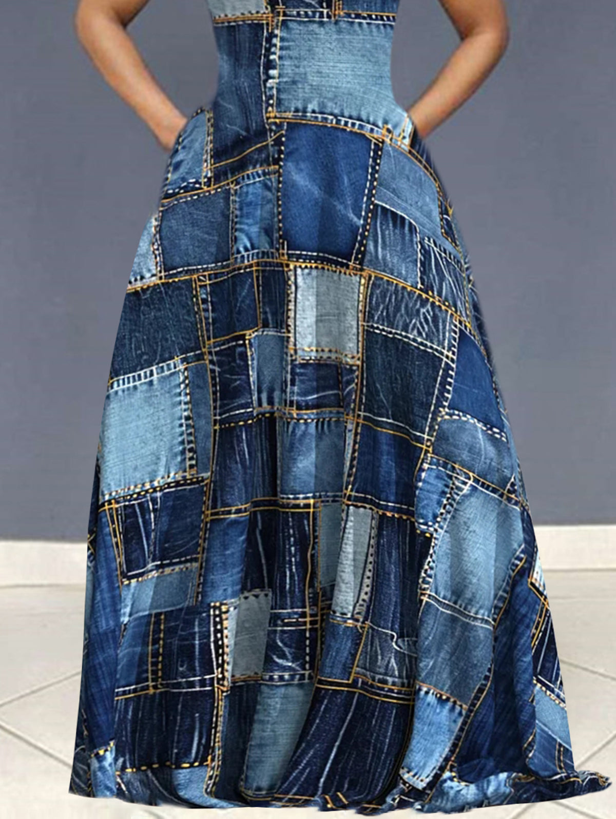 Ursime Denim Allover Pattern V Neck Sleeveless Maxi Dress