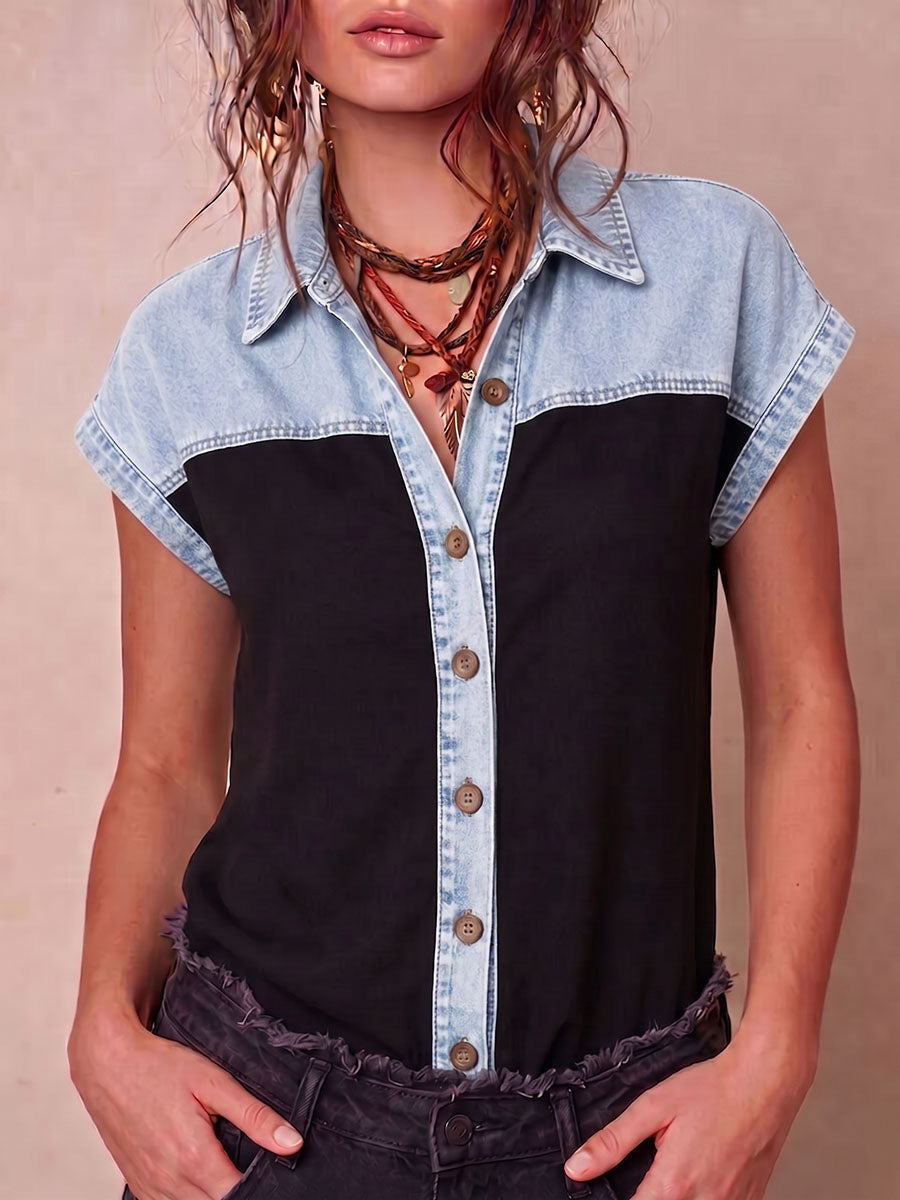 Women's Short-sleeve Casual Loose Top With Shirt Collar And Denim Splicing