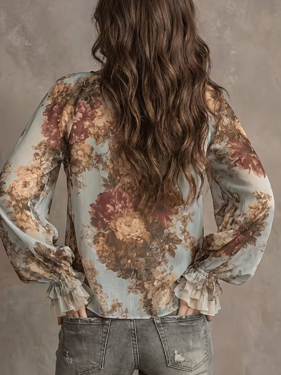 Sexy Watercolor Floral Print Lace-up Ruffle-sleeve Blouse