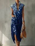 Abstract-style Floral Decorative Pattern Women's No Sleeve Bud Collar Linen Cotton Dress
