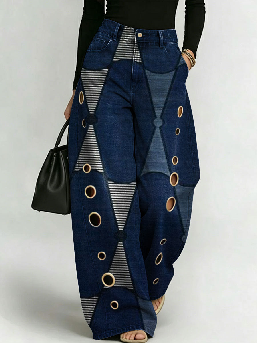 Women's Retro Pattern Printed Stylish Cutout Casual Denim Jeans