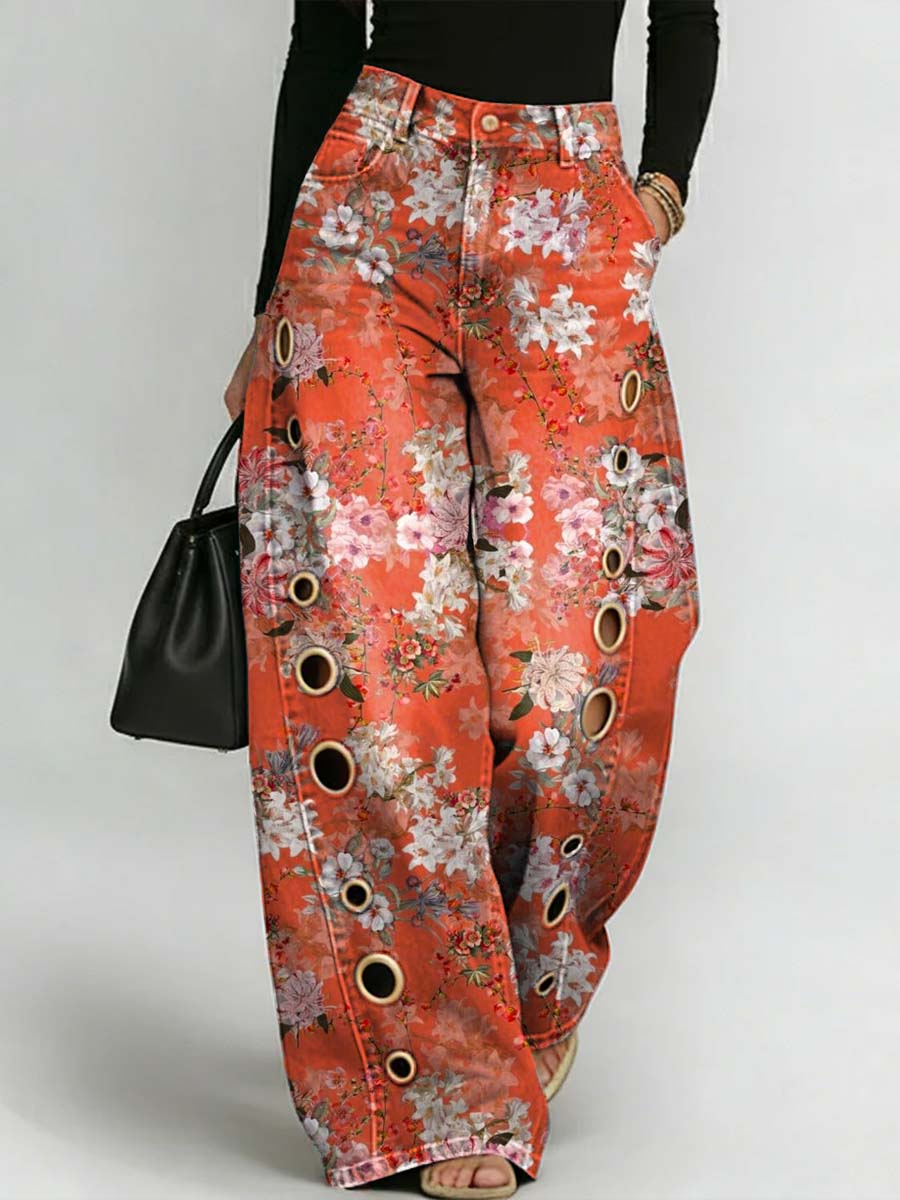 Women's Retro Floral Art Print Casual Stylish Hollow Denim Pants
