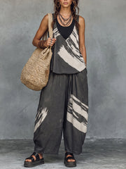 Casual Brushstroke Print Cotton Two-piece Set