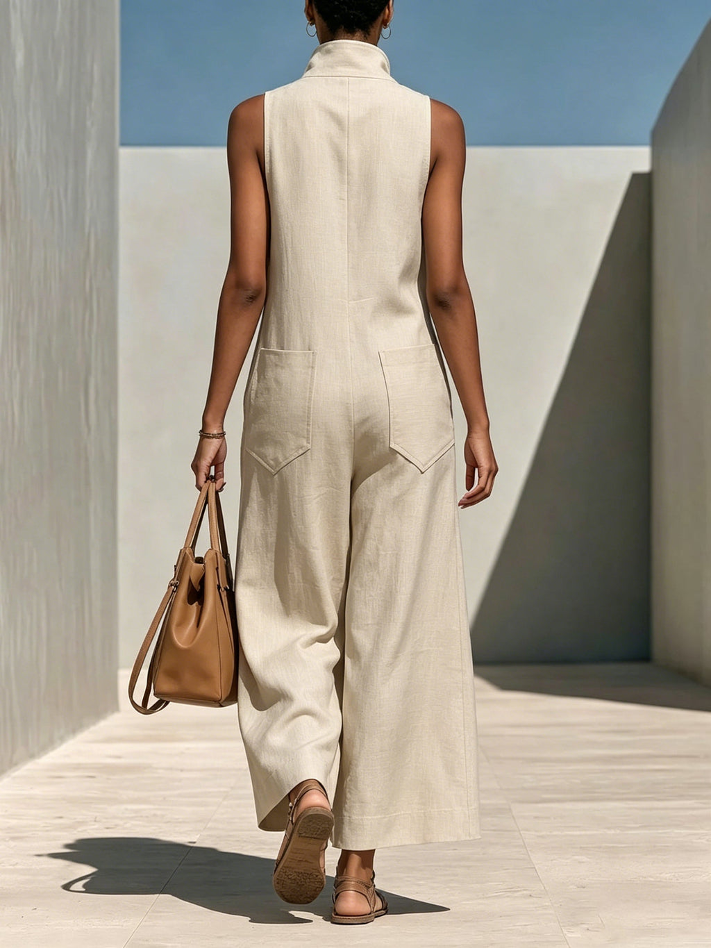 Light Beige Textured Cotton-linen Stand Collar Front-zip Cargo Pocket Sleeveless Wide-leg Jumpsuit