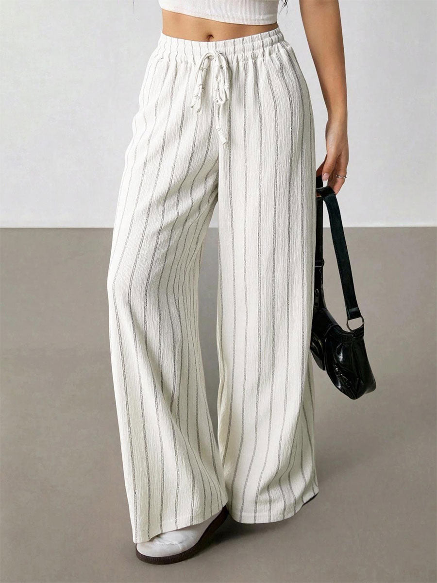Women's Casual Striped Contrast Trim Drawstring Elastic Waist Wide-leg Pants
