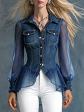 Women's Casual Loose-fit Denim-paneled Top With Lapel Collar And Long Sleeves