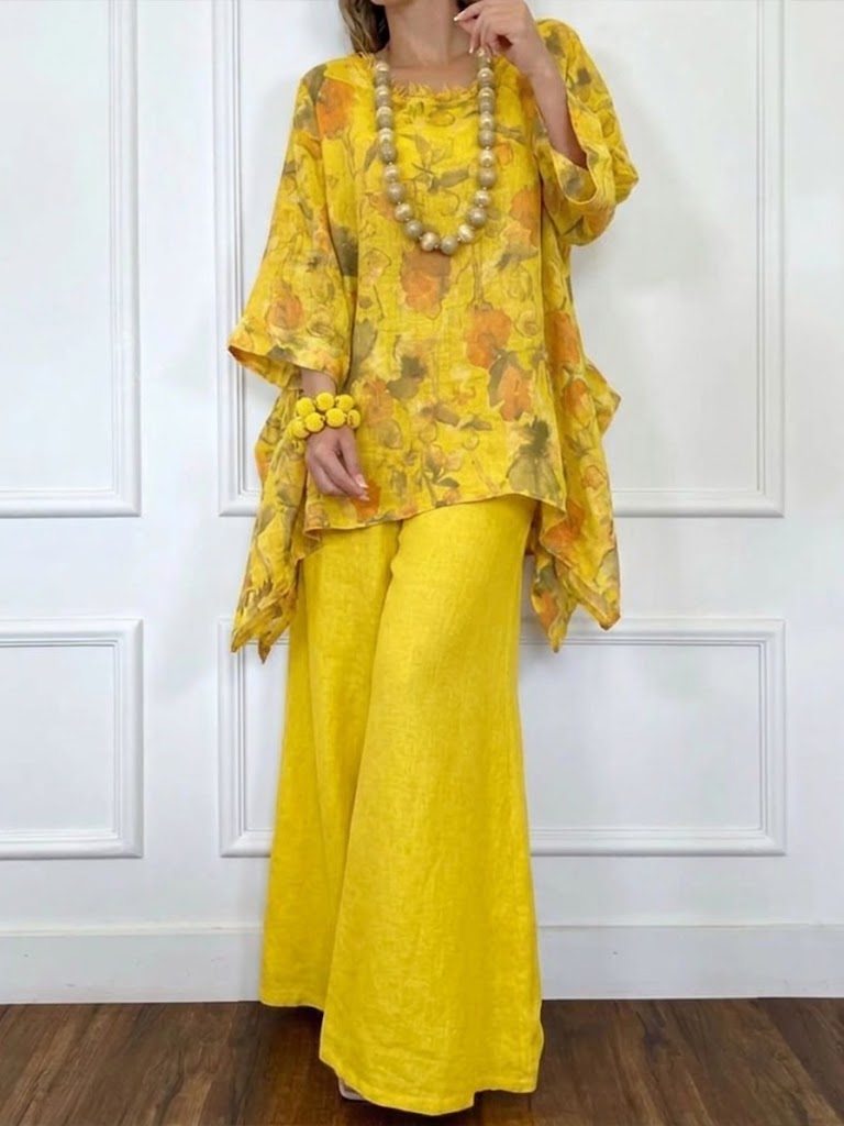 Loose-fit Casual Floral-print Linen & Cotton Top And Pants Two-piece Set