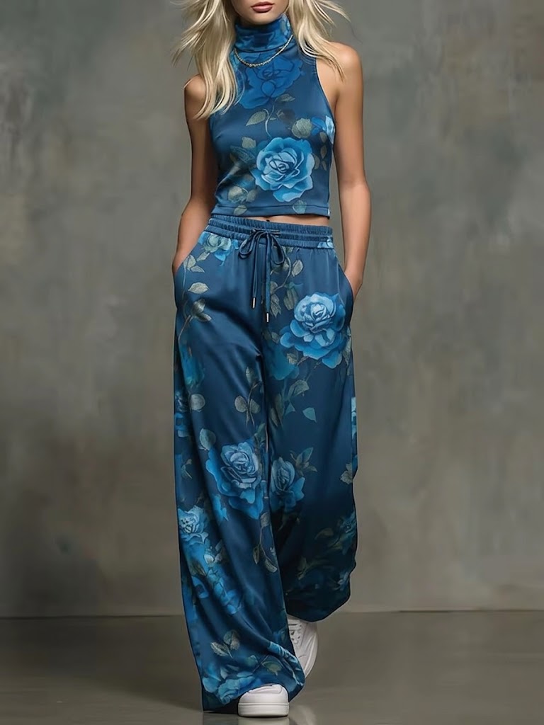Stylish And Elegant Floral Print Sleeveless Top And Pants Two-piece Set