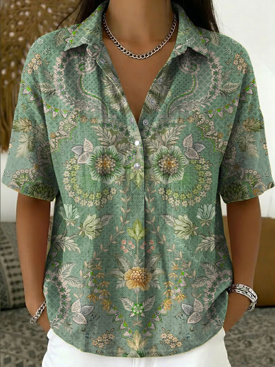 Women's Vintage Botanical Floral Casual Polo Collar Short-sleeved Linen And Cotton Shirt
