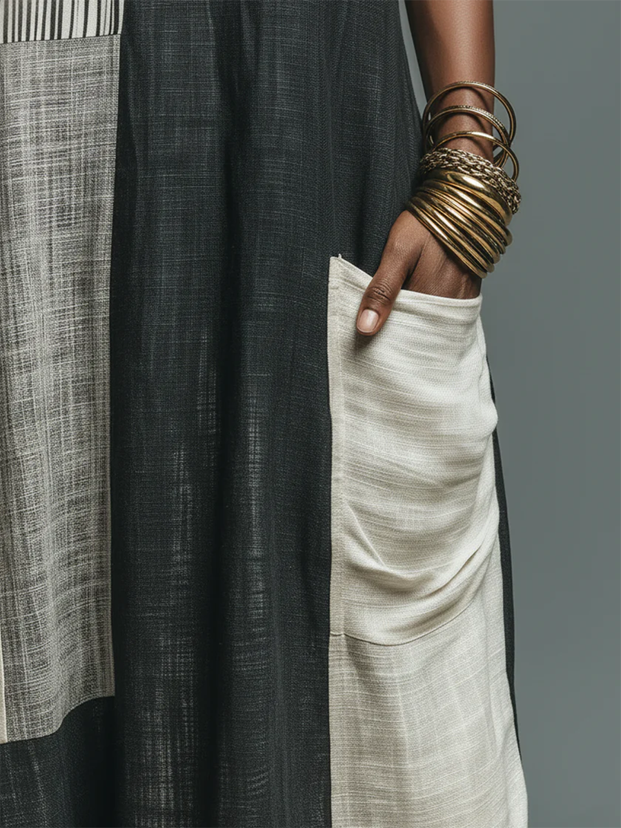 Artistic Geometric Print Cotton-linen Dress