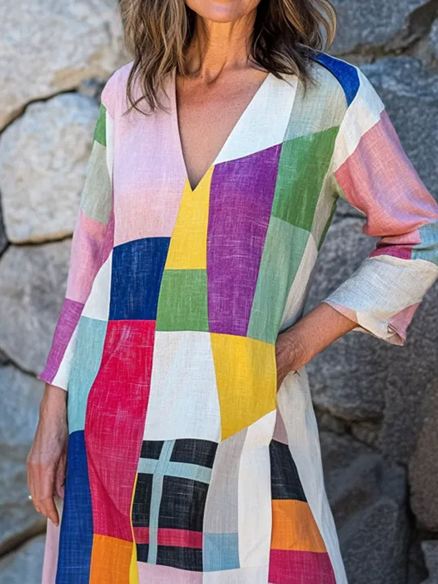 Women's Geometric Pattern Art Stylish Cotton Linen Maxi Dress