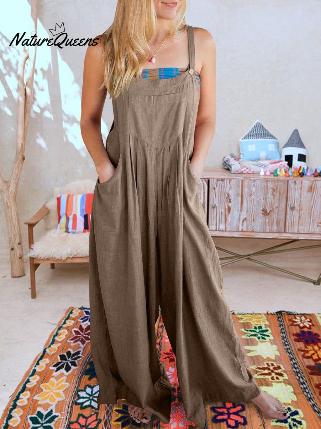 Women's Solid Color Loose Elegant Casual Cotton Linen Suspender Jumpsuit