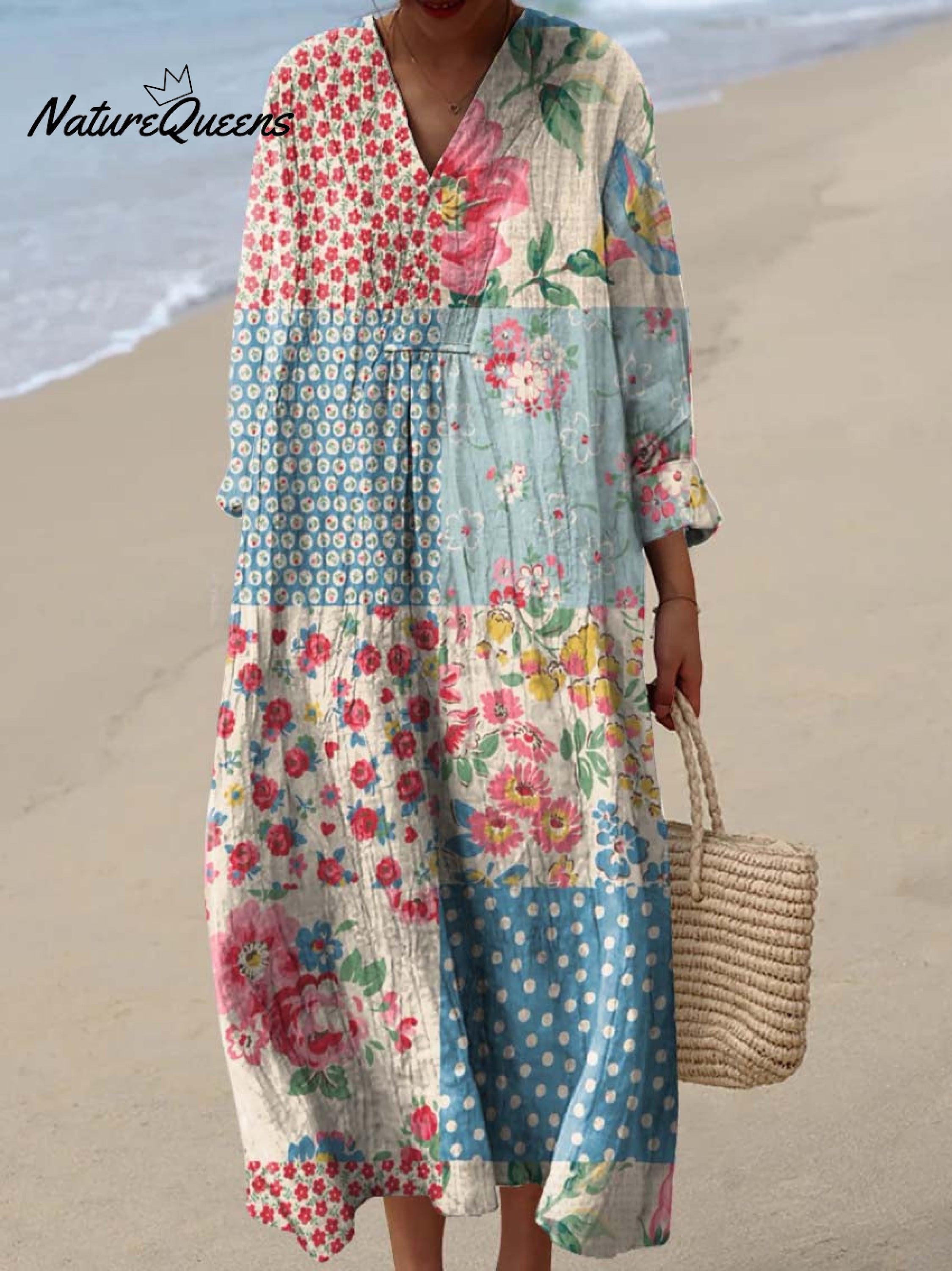 Women's Vintage Floral Patchwork Pattern Art Print Cotton Dress