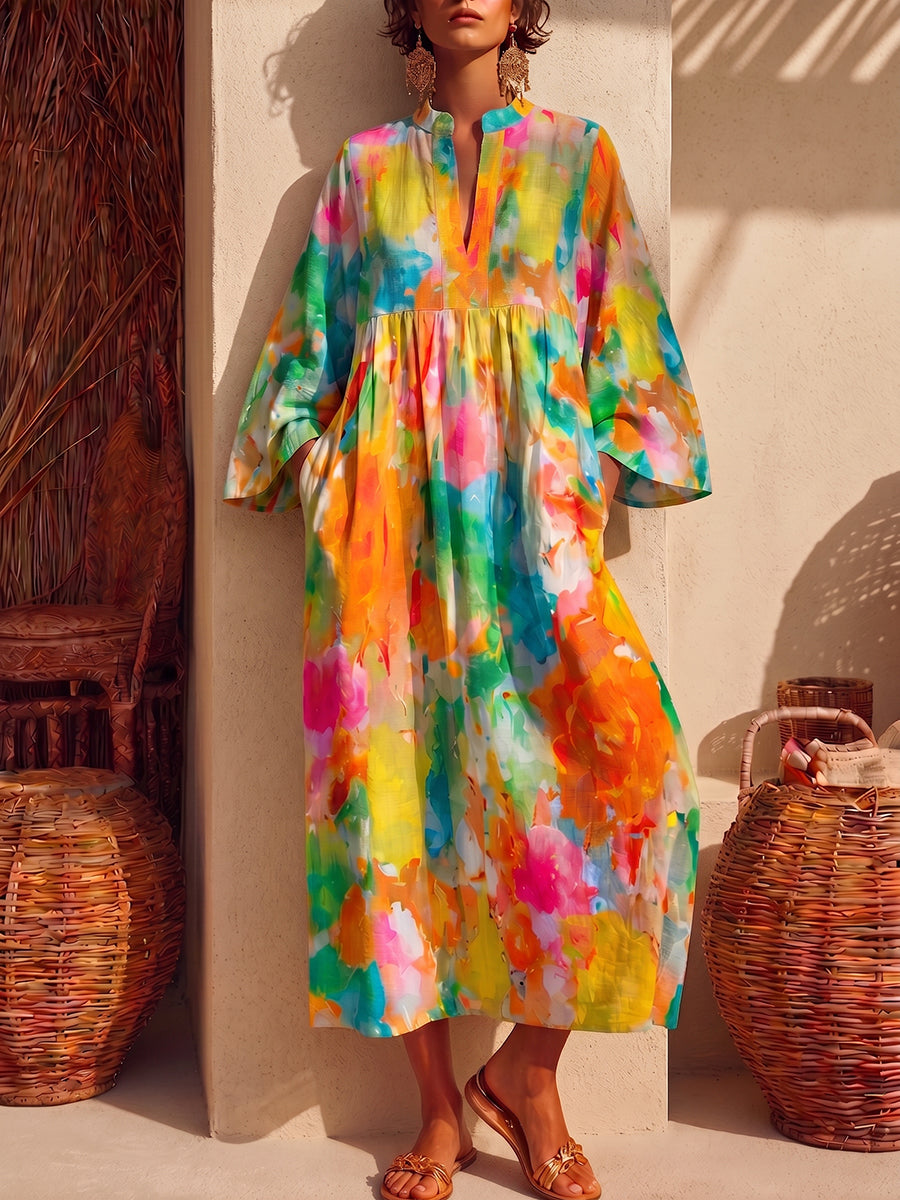 Romantic Watercolor Print Cotton-linen Maxi Dress