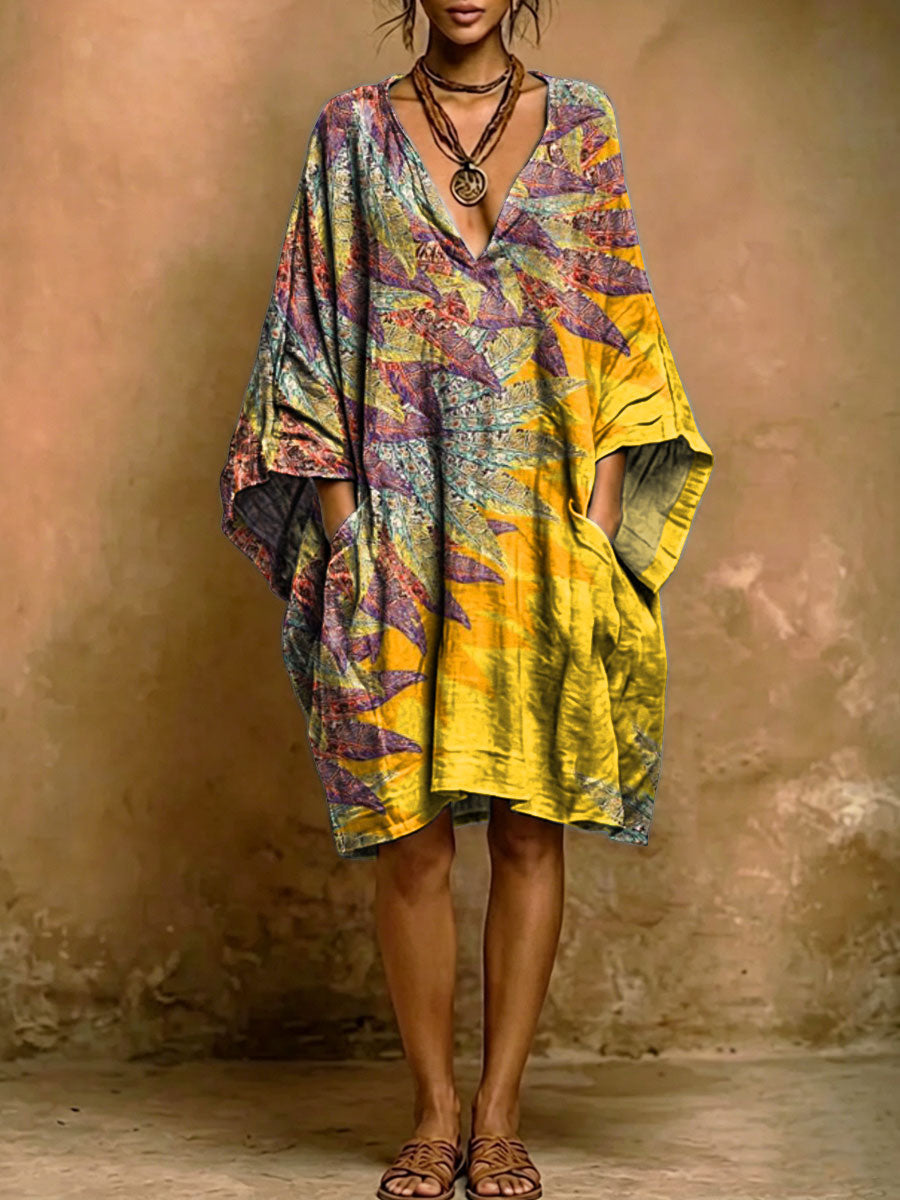 Women's Vintage Floral Print Short-sleeve Cotton-linen Dress
