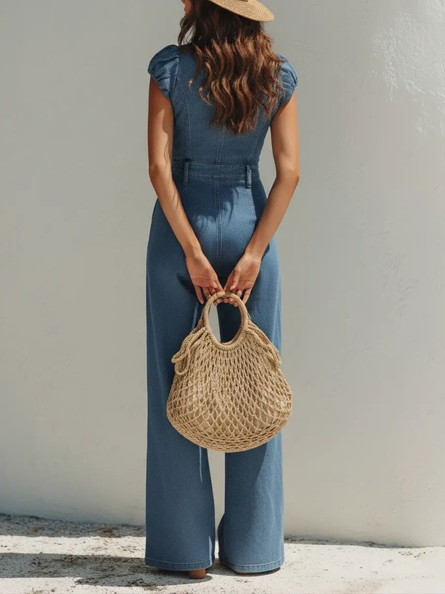 Women's French-style Holiday Denim Jumpsuit